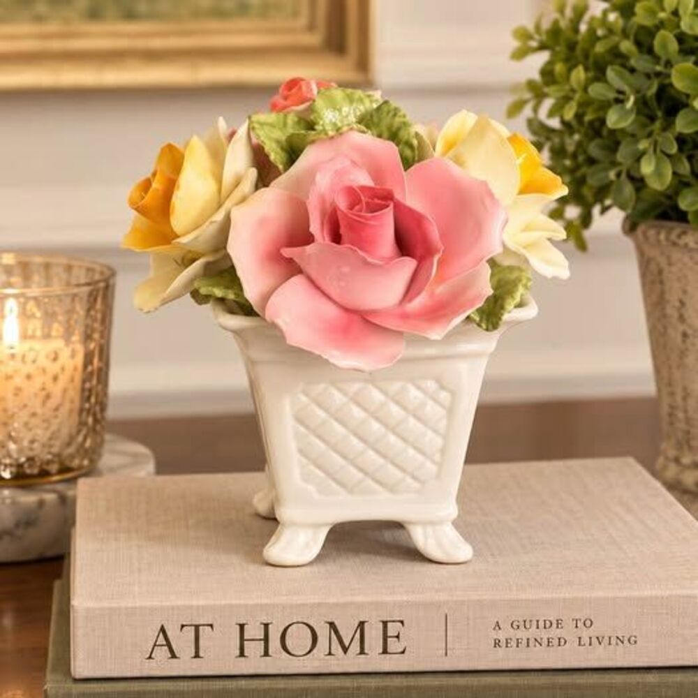 Vintage Porcelain Rose Flower Arrangement in Footed Planter